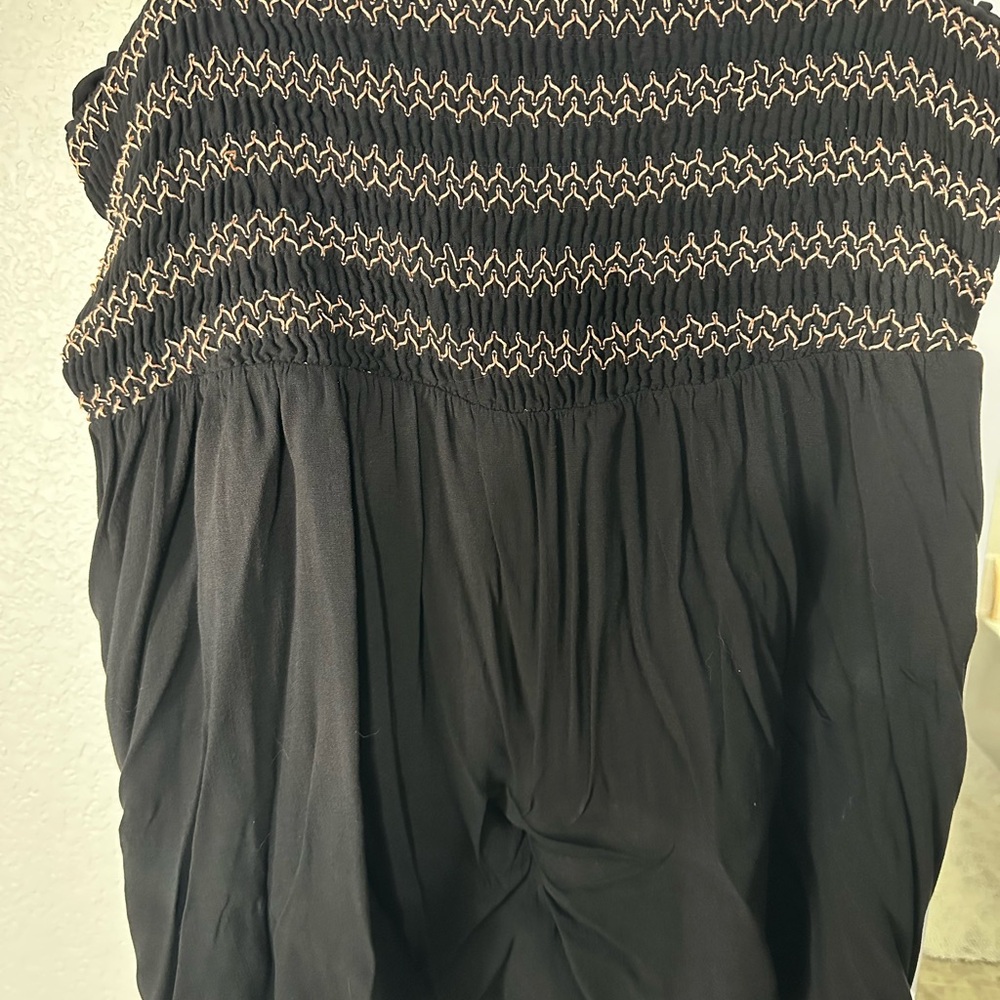 Black Smocked Top with Beige Stitching